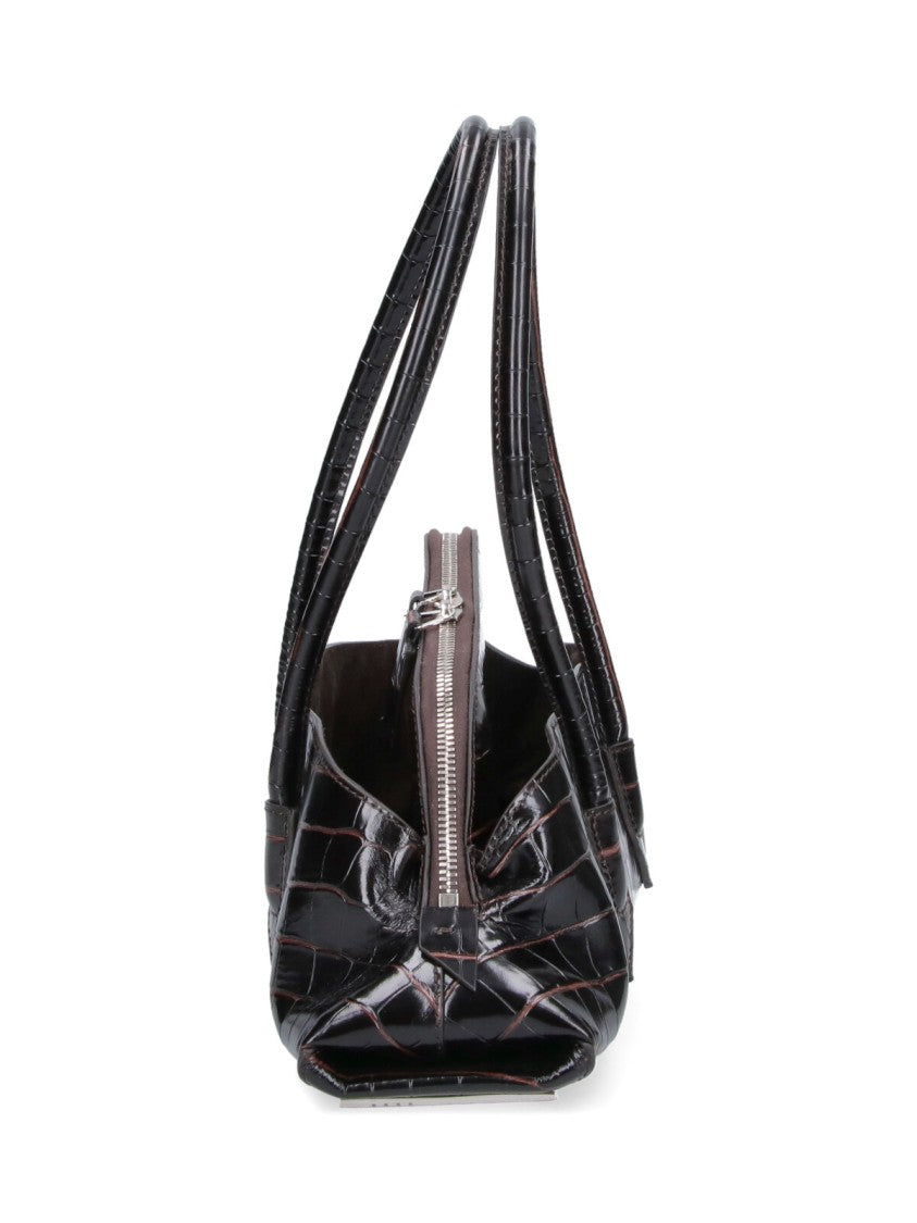 The Attico Glossy Crocodile-Embossed Black Handbag With Structured Handles