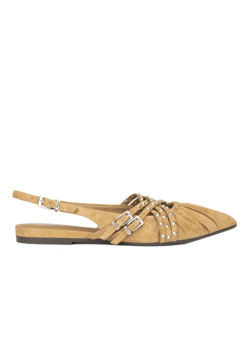 Ash Brown Flat Sandals With Pleated Leather Upper And Metallic Accents