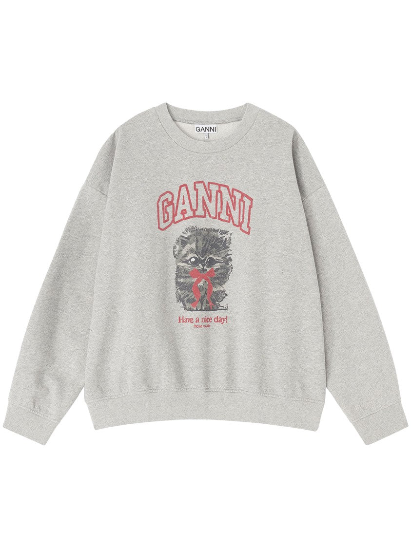 Ganni Heather Grey Crewneck Sweatshirt With Playful Kitty Graphic