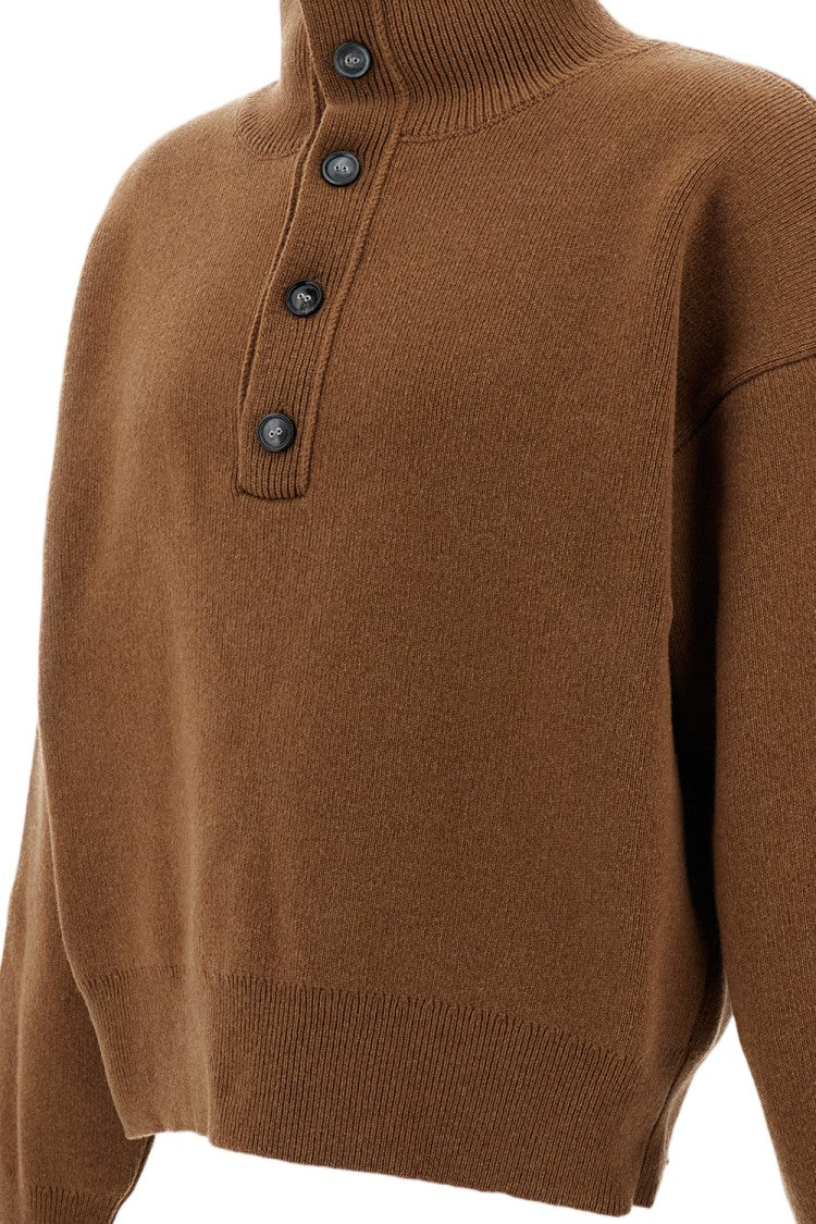 Ami Paris Beige High Collar Pure Wool Knit Sweater