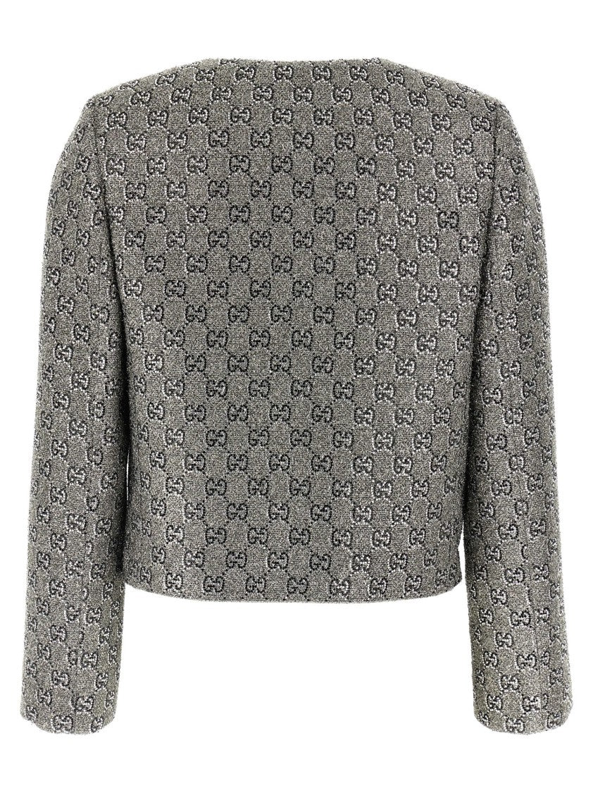 Gucci Cropped Gg Wool Tweed Jacket With Crystal Embellishments