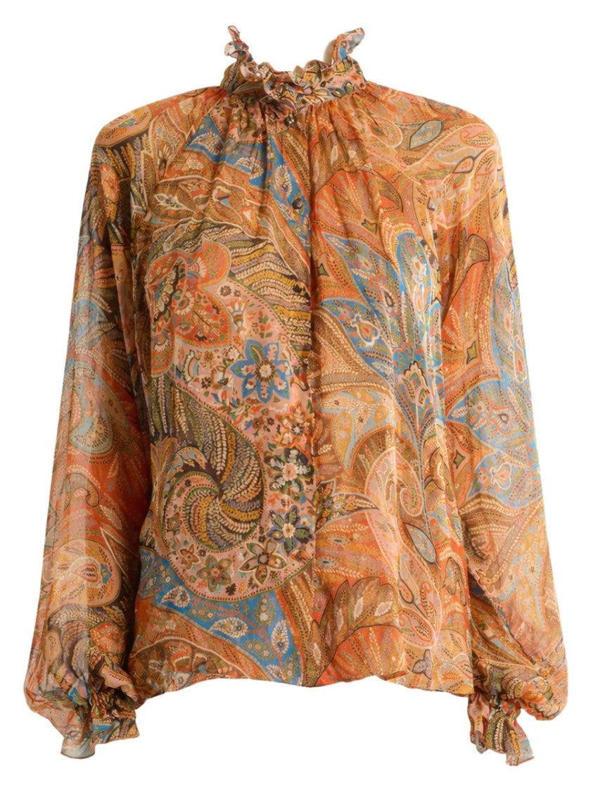 Etro Regular Fit High Ruffled Neckline Silk Blouse