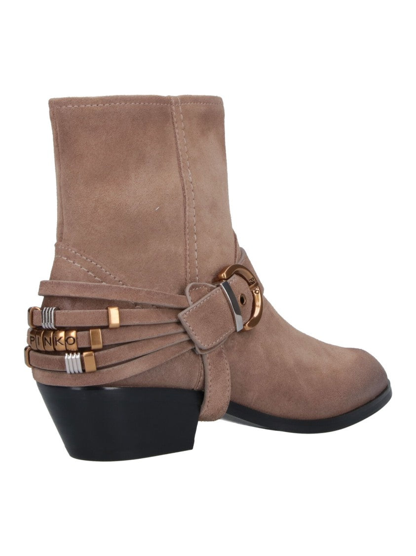 Pinko Beige Buckle Suede Boots