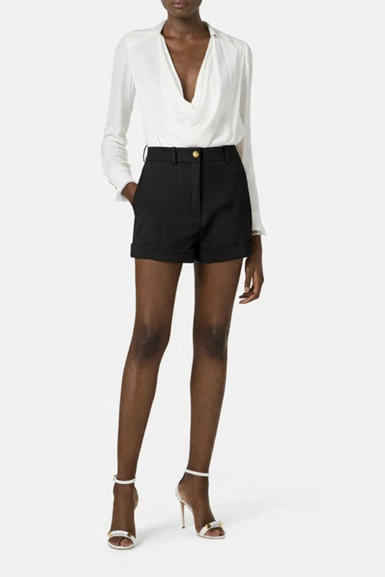 Elisabetta Franchi Black High-Waist Cuffed Hem Polyester-Blend Shorts