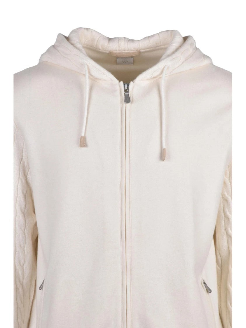 Eleventy White Cable-Knit Sleeves Wool-Cashmere Zip Sweatshirt