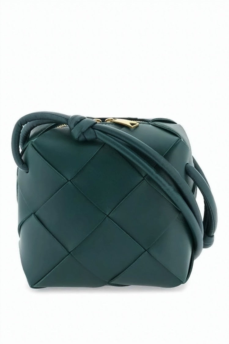 Bottega Veneta Structured Green Lambskin Crossbody Bag With Oversized Woven Pattern