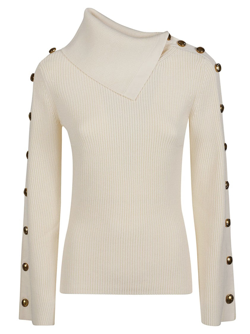 Elisabetta Franchi Fitted Long Sleeve Turtleneck Sweater With Asymmetrical Collar