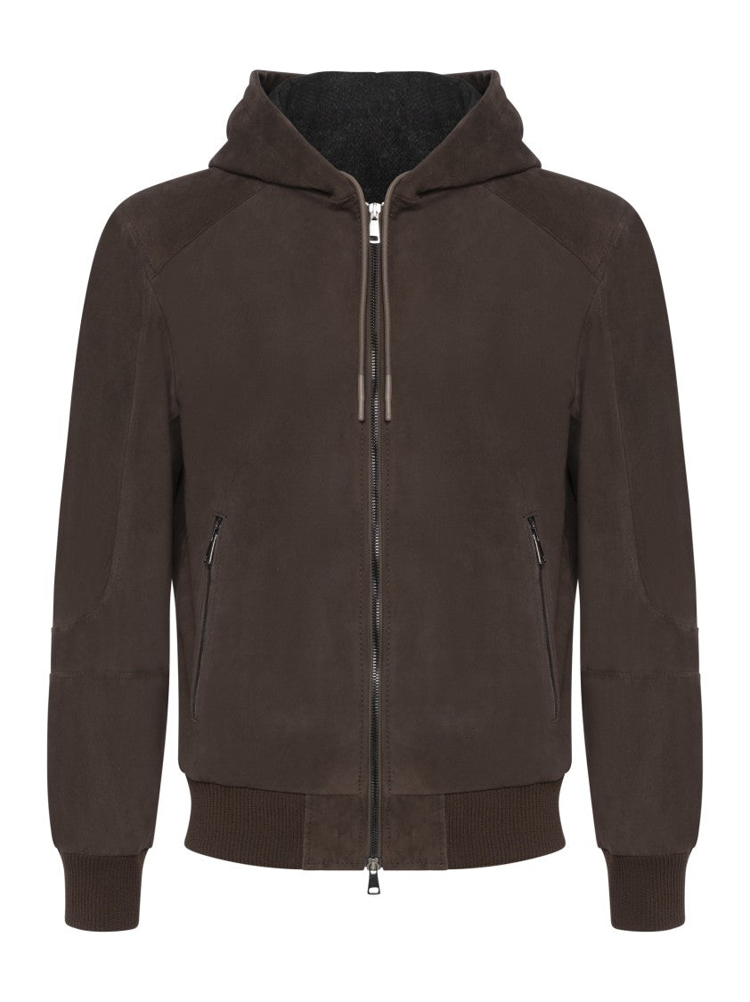 Franzese Collection Hooded Jacket In Dark Brown Suede Lambskin
