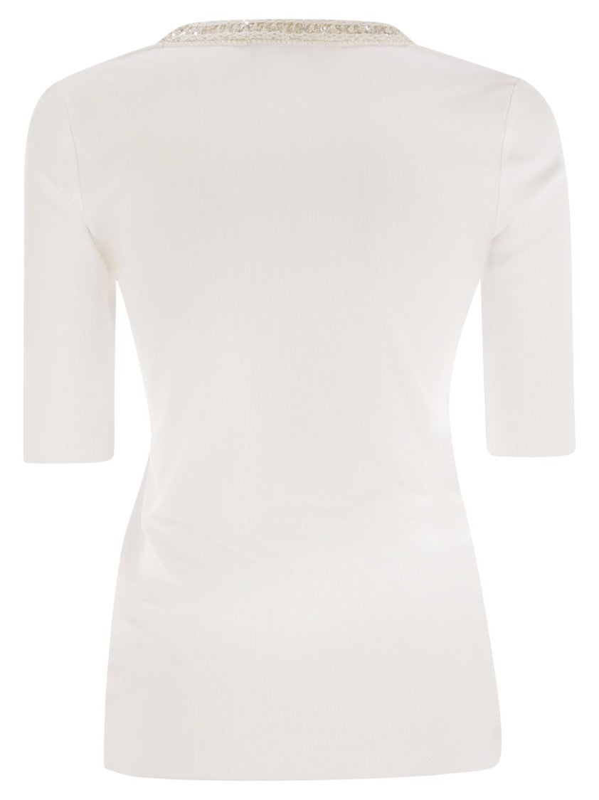 Fabiana Filippi Ribbed Jersey T-Shirt With Contrasting Knit Collar