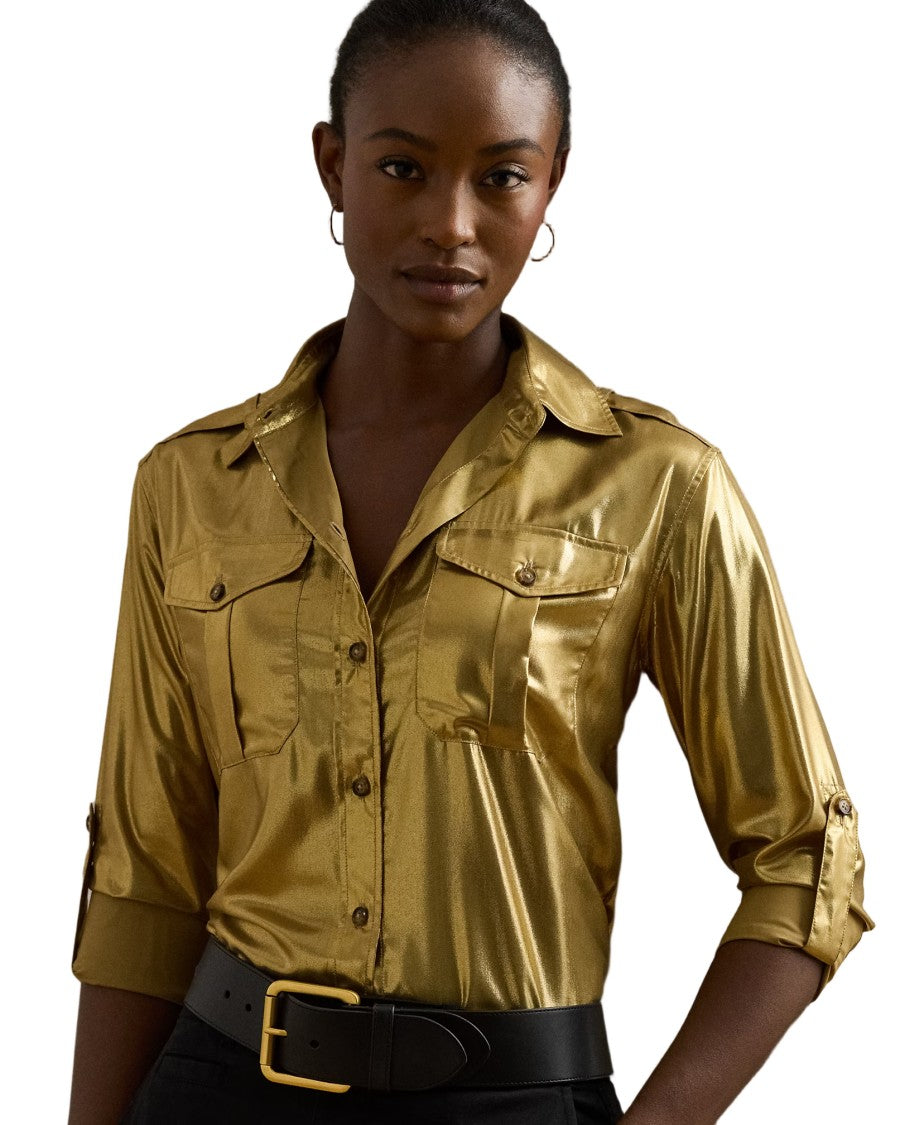 Lauren Ralph Lauren Long Sleeve Gold Foil Button Front Shirt