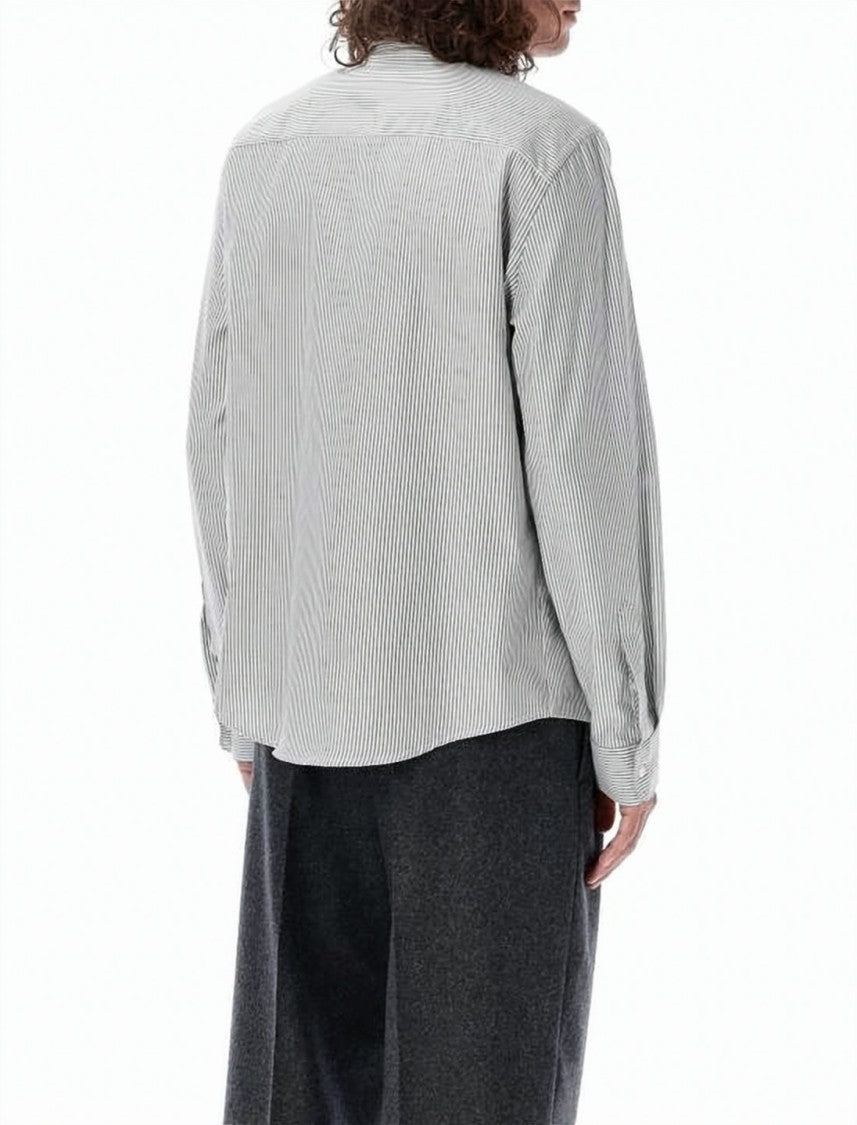 Ami Paris Vertical Striped Button-Down Shirt With Embroidered Heart Accents