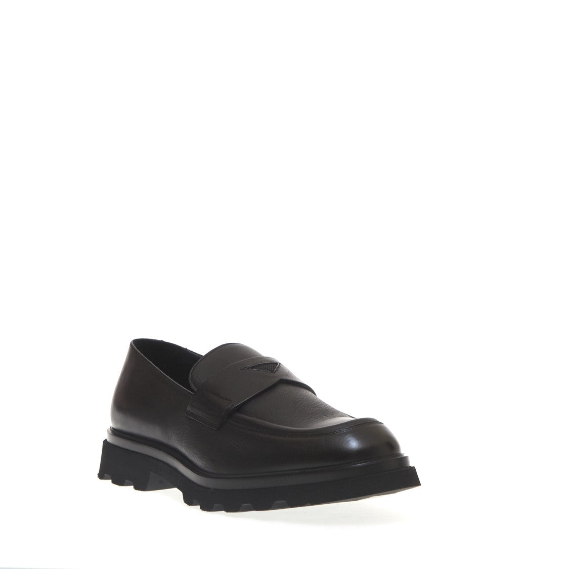 Doucal's Penny Moccasin Black Leather Heavy Rubber Bottom