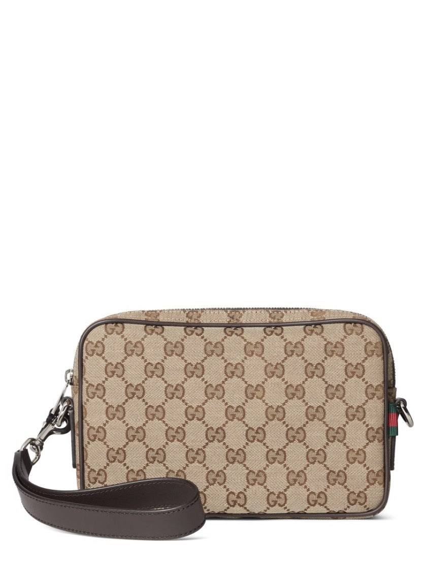 Gucci Small Fabric Shoulder Bag With Interlocking Logo And Leather Trim