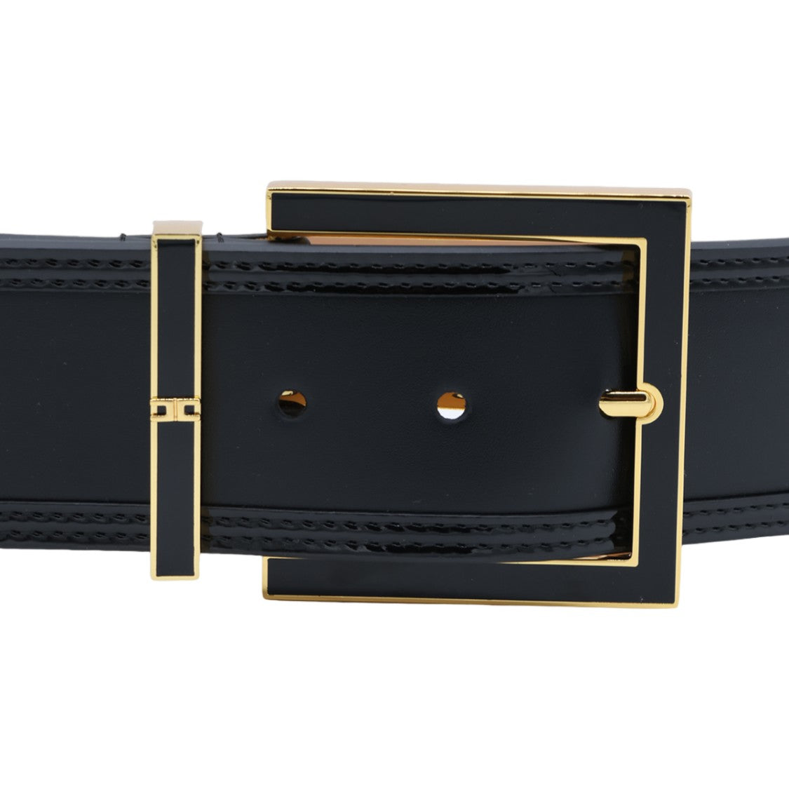 Elisabetta Franchi Wide Black Belt With Square Gold Buckle And Vertical Stitching