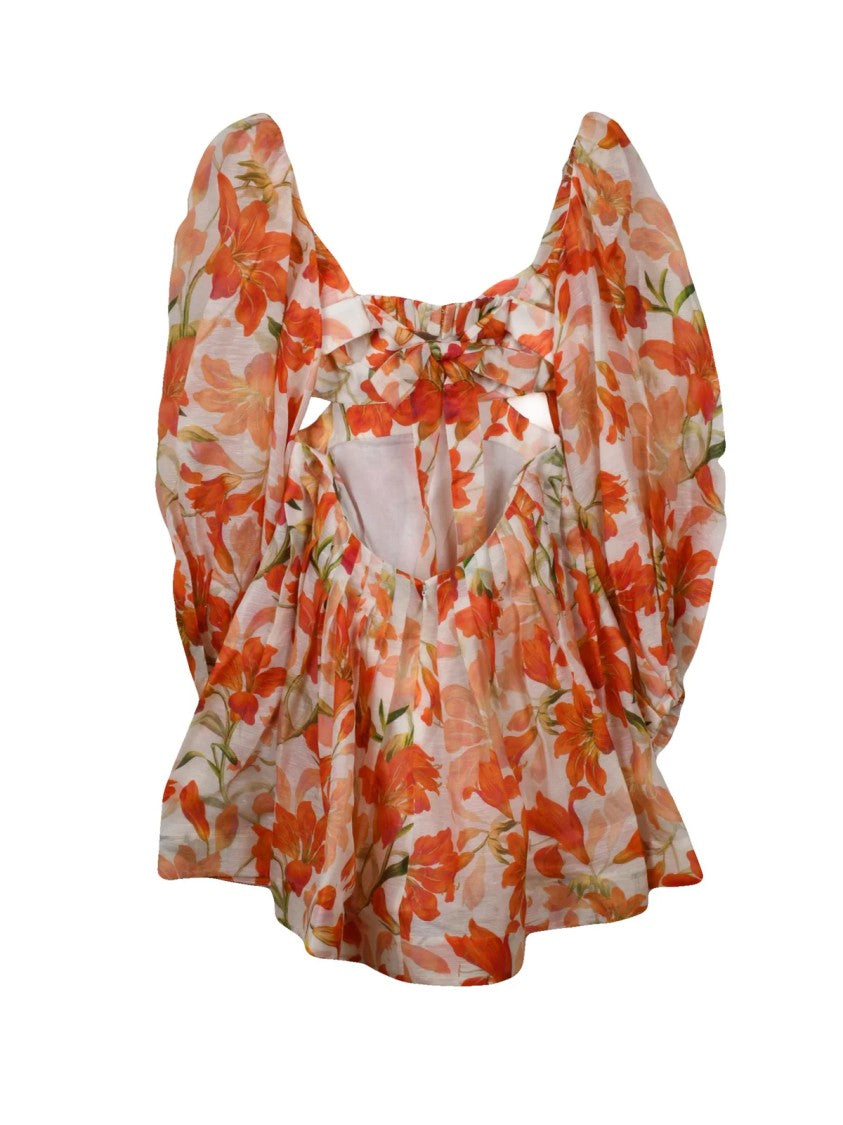 Zimmermann Floral Mini Dress With Balloon Sleeves And Zip Closure
