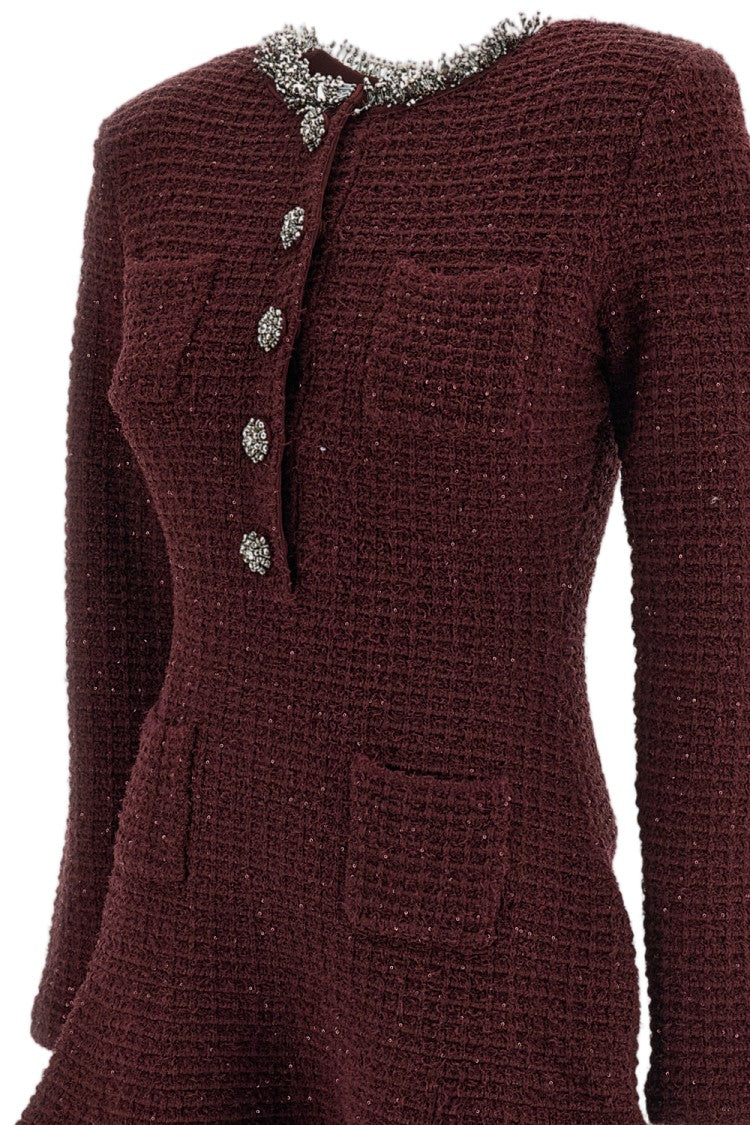 Self-Portrait Burgundy Beaded Textured Waffle-Knit Mini Dress