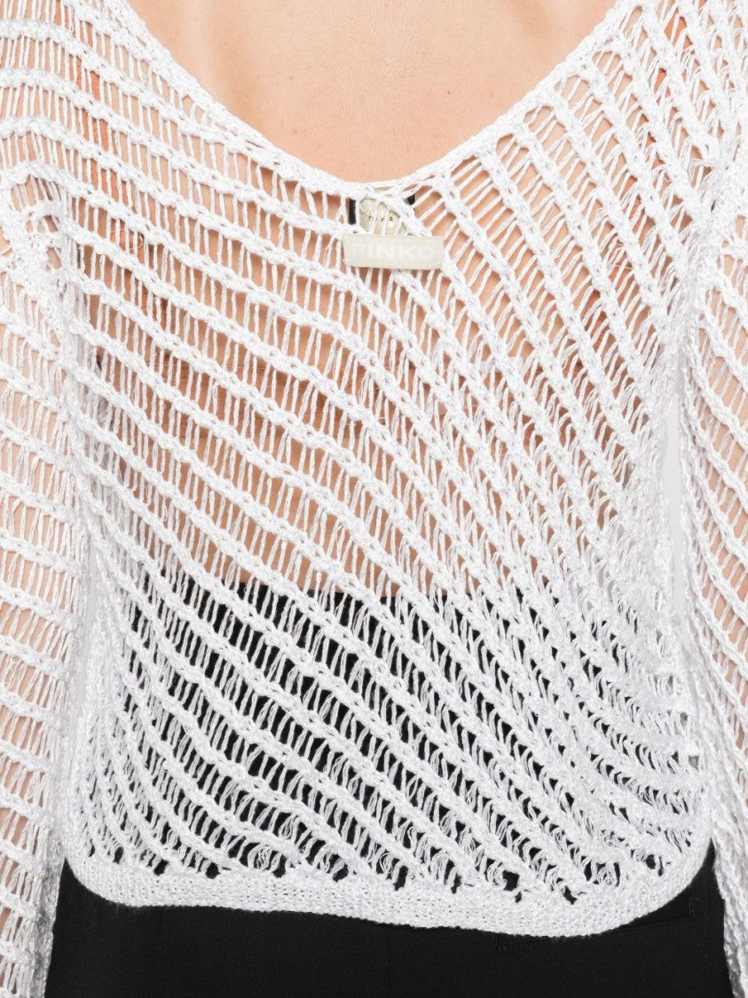 Pinko Open-Knit White Sweater With Subtle Shimmer And Diagonal Stripes