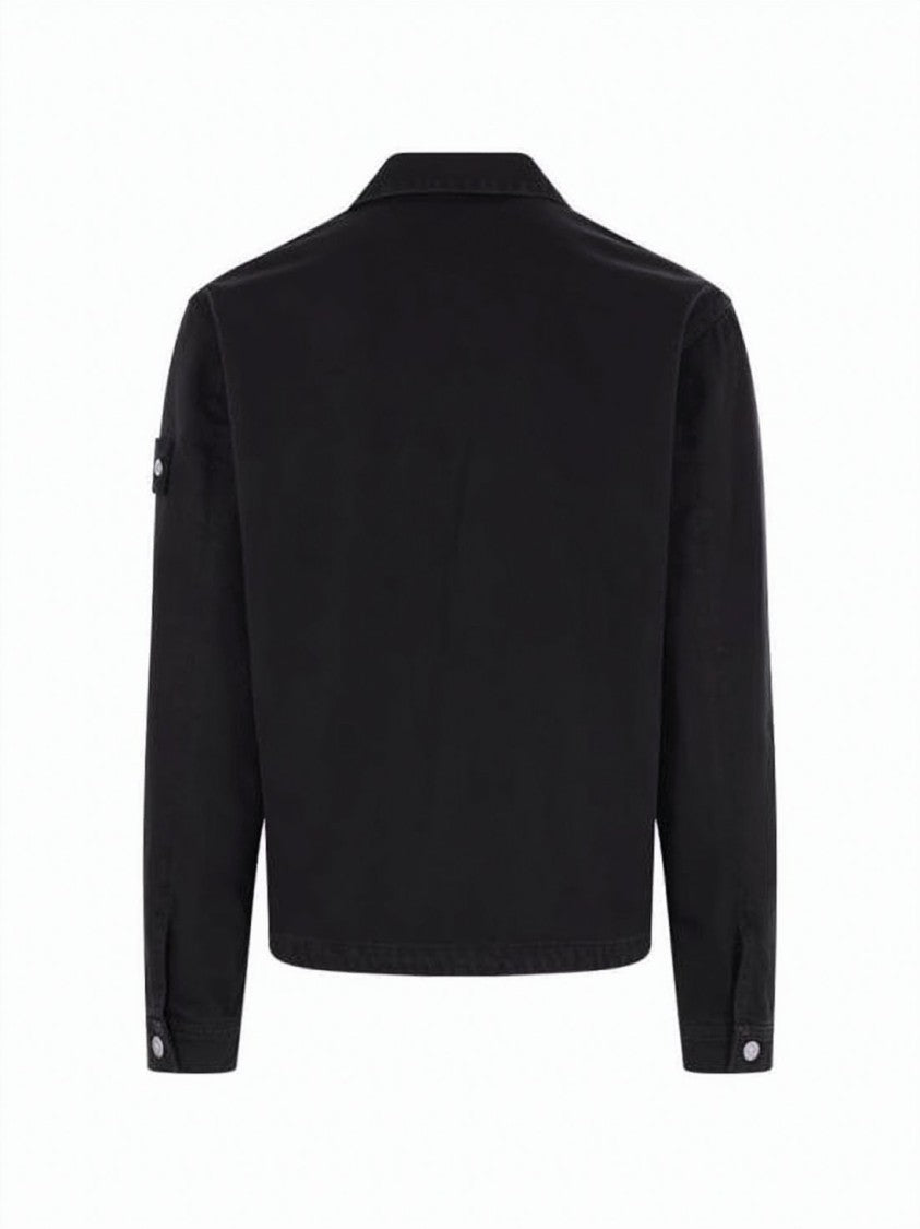 Stone Island Black Denim Coach Jacket With Classic Collar And Boxy Silhouette