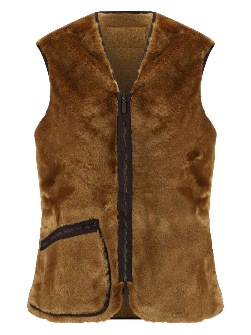 Barbour Camel-Brown Knitted Gilet With Faux Fur Lining