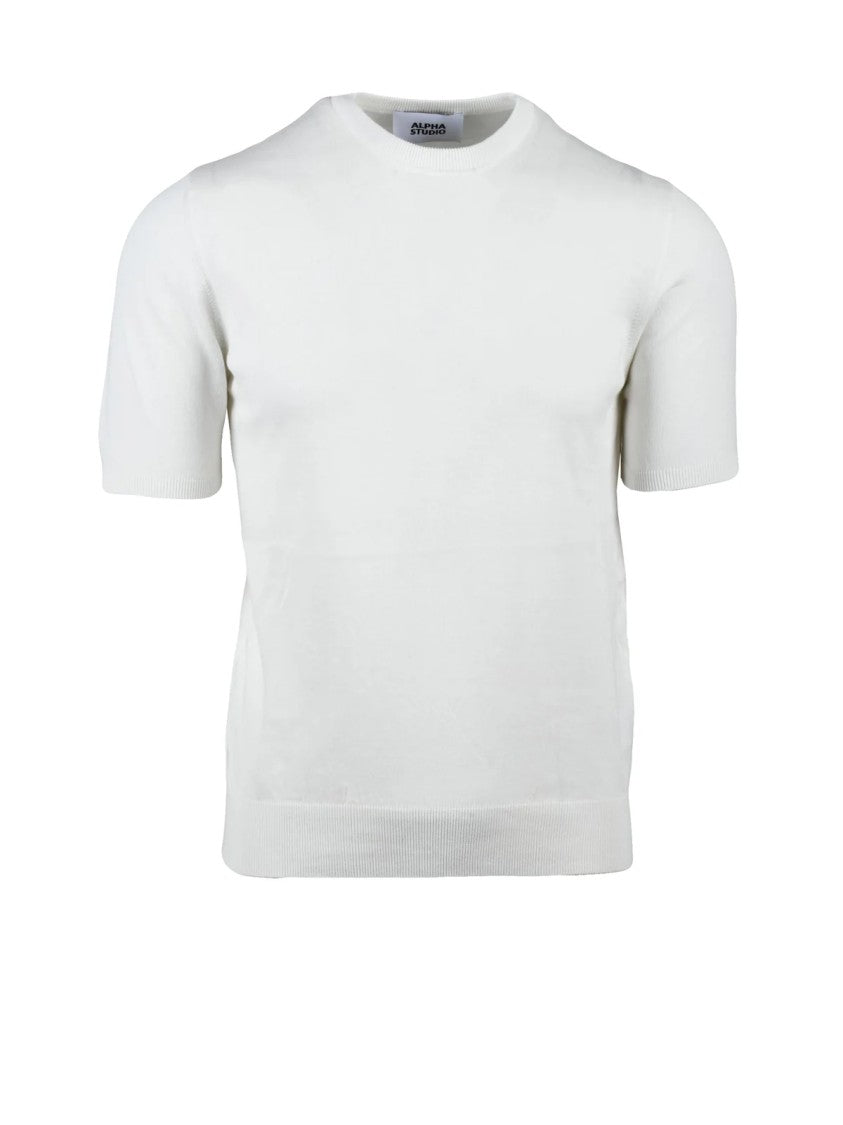 Alpha Studio White Cotton Crew Neck Knit Top