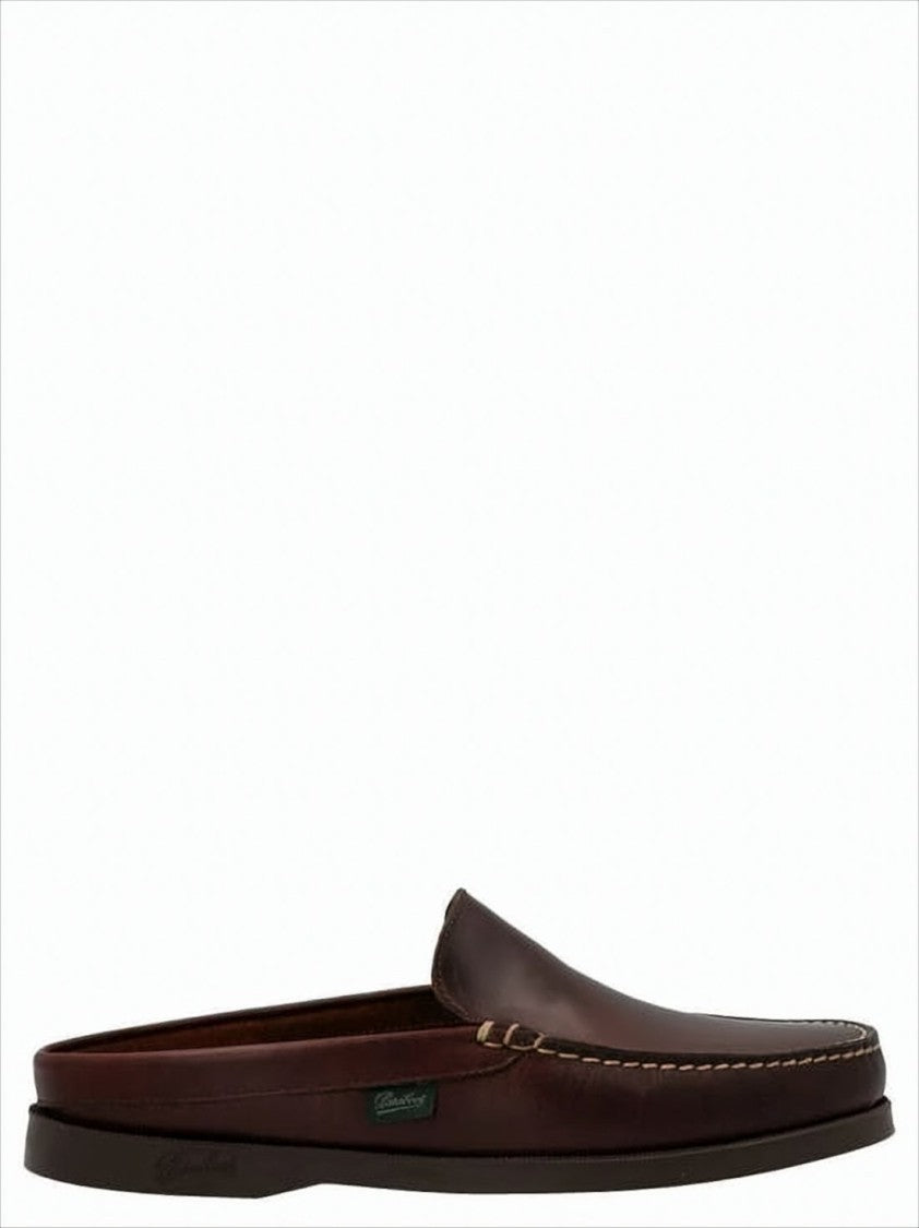 Paraboot Backless Dark Brown Leather Loafers With Signature Stitching