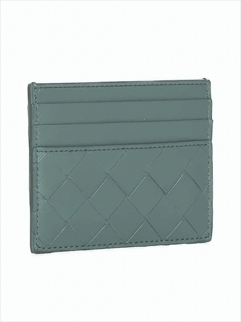Bottega Veneta Woven Grey Lambskin Card Wallet With Calfskin Lining