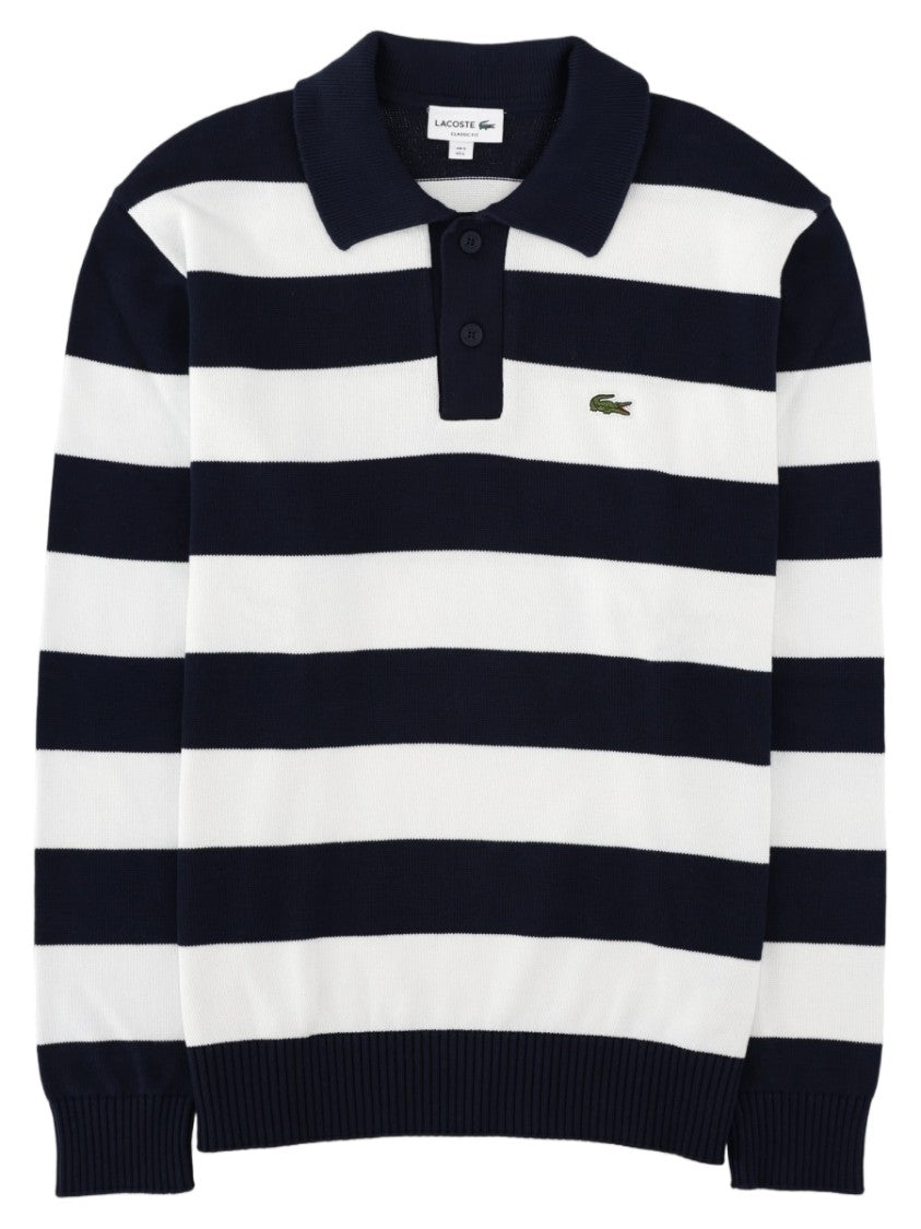 Lacoste Blue Horizontal Striped Polo Collar Cotton Sweater