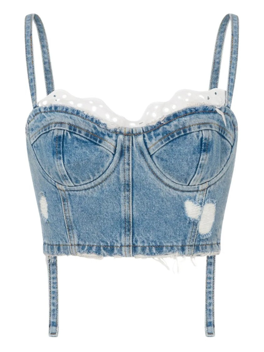 Moschino Distressed Denim Cropped Top With Structured Bustier Design