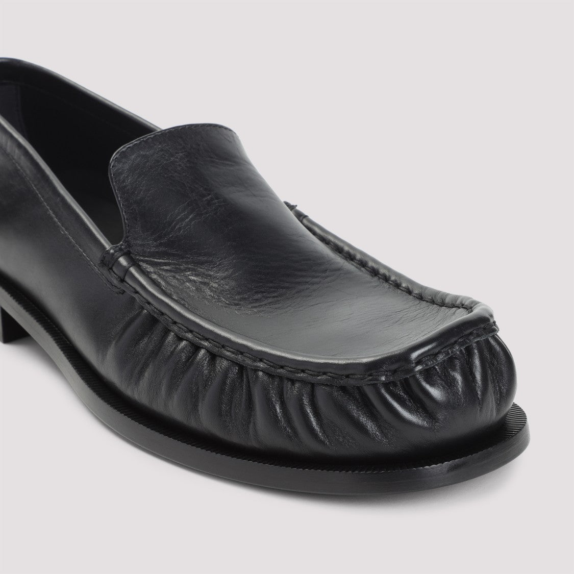 Dries Van Noten Squared Toe Black Leather Loafers With Embossed Stitching