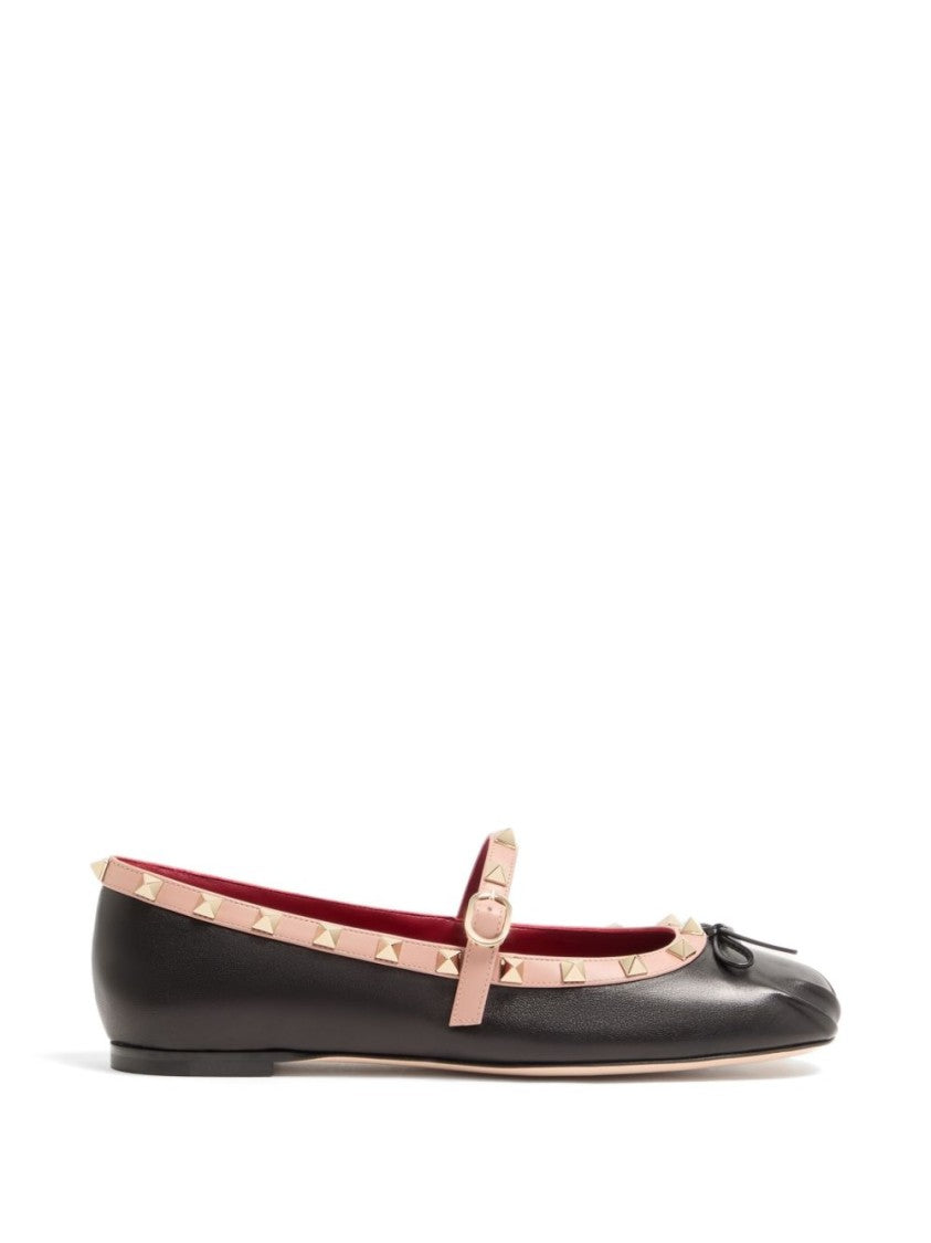 Valentino Garavani Black Leather Gold Studded Bow Flats