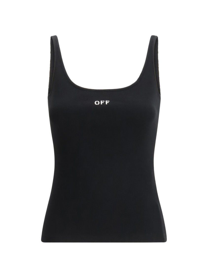 Off-White Ribbed Sleeveless Black Top With Logo Detail