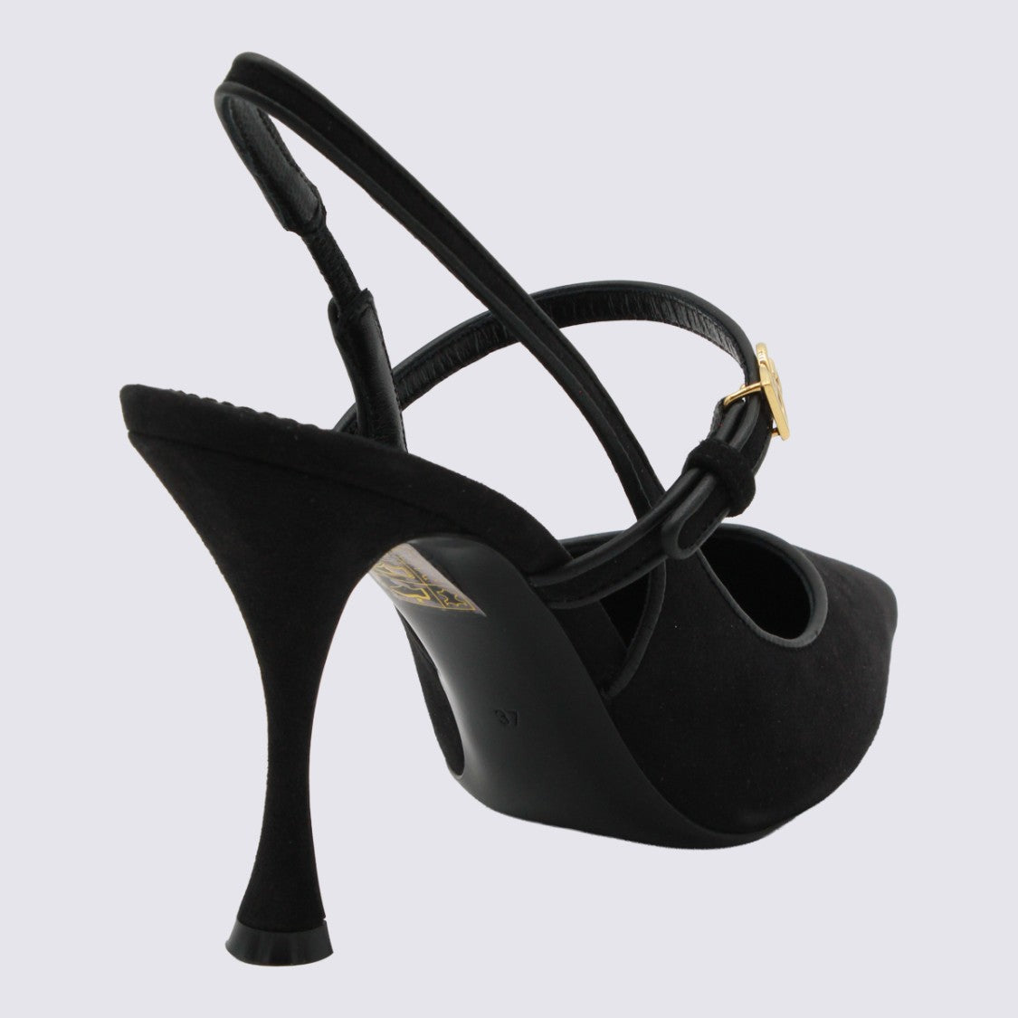 Dolce & Gabbana Pointed Toe Black Slingback Heels With Gold-Tone Logo Buckle
