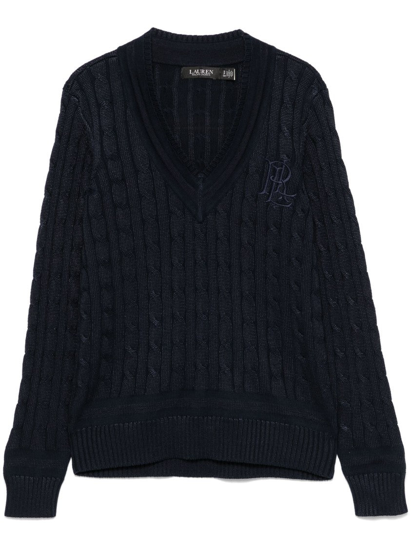 Lauren Ralph Lauren Dark Navy Blue Cable-Knit Sweater With V-Neckline And Ribbed Details