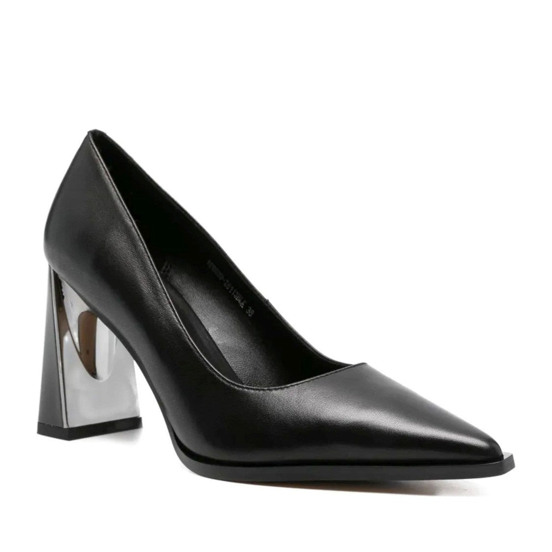 Adrianna Feretti Black Pointed Toe Metallic Block Heel Leather Pumps