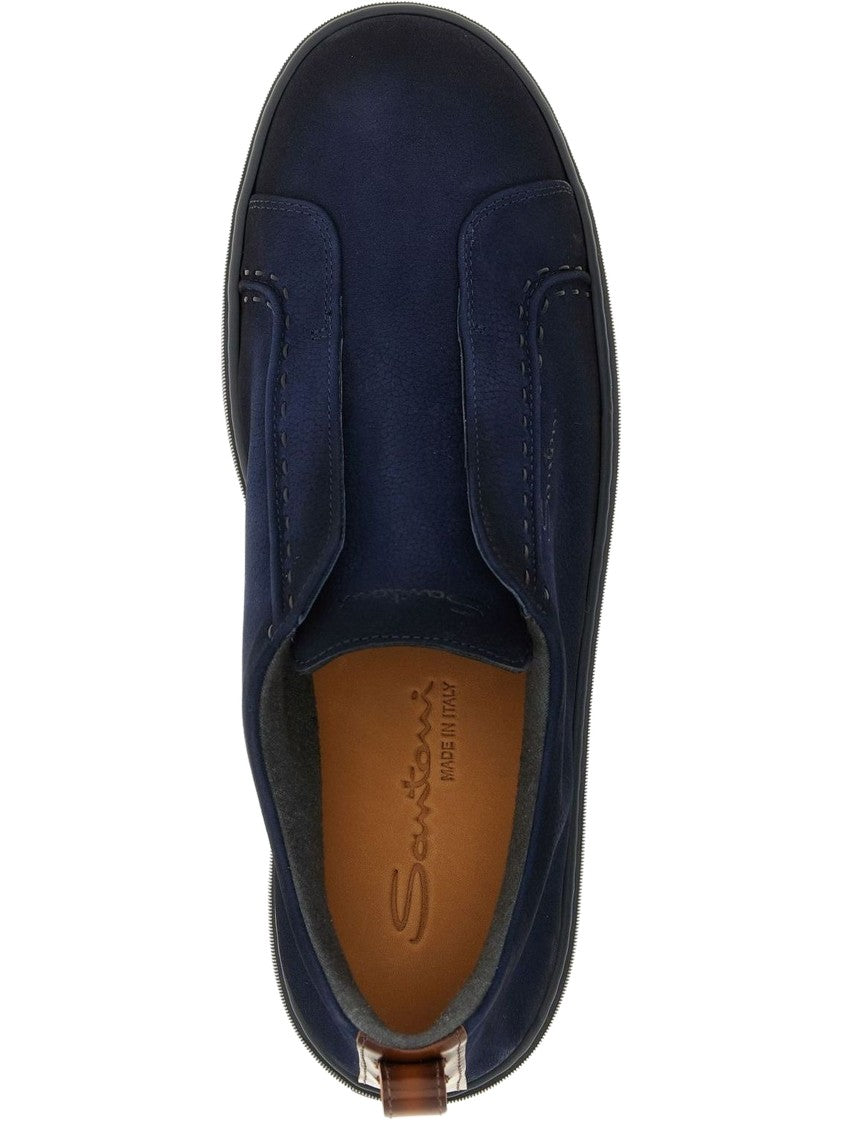 Santoni Navy Victory Leather Pull Tab Slip-On Sneakers