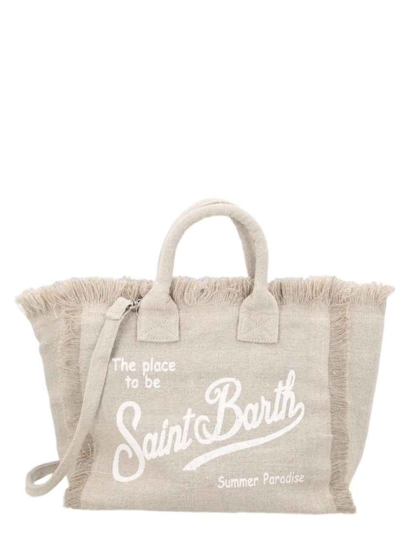 Mc2 Saint Barth Natural Beige Fringed Linen Tote Bag