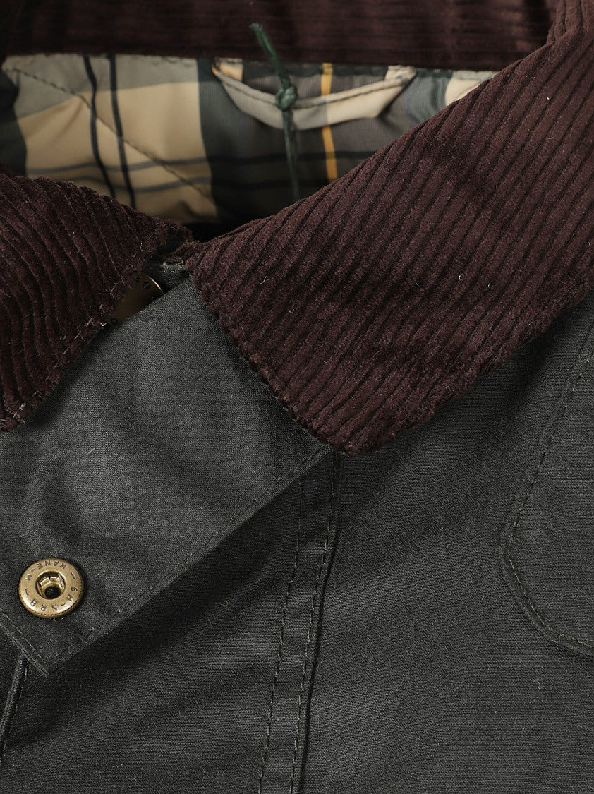 Barbour Waxed Cotton Jacket With Corduroy Collar And Pocket Details