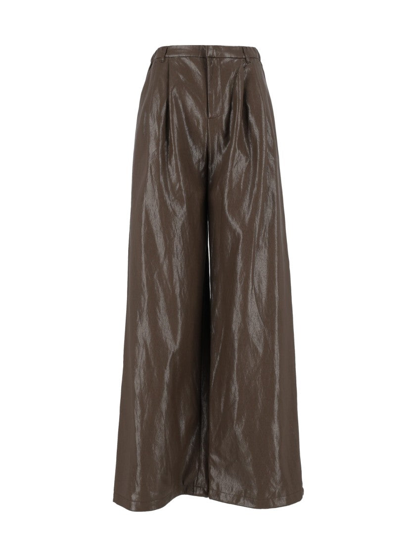 Eleh Brown Glossy High-Waist Wide-Leg Pants
