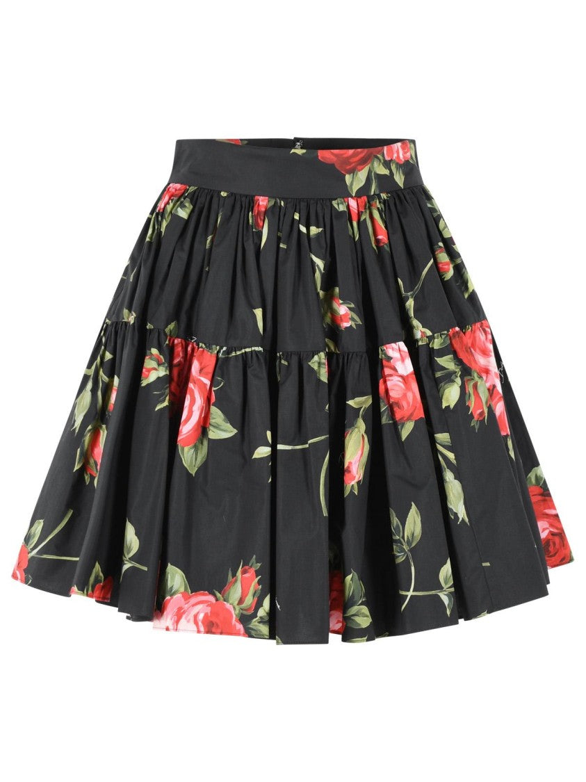 Dolce & Gabbana 'Bouquet Rose' Print Short Skirt In Black Cotton