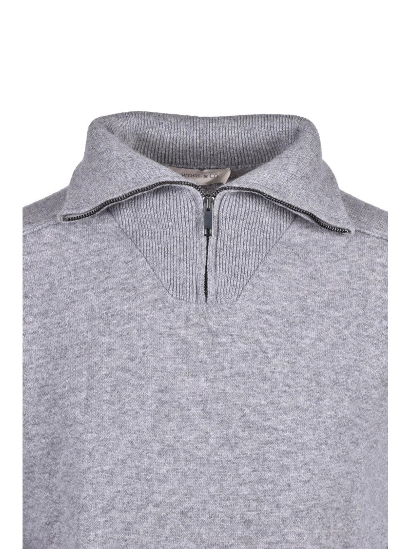 Wool & Co Grey Ribbed Zip Wool Polo Shirt