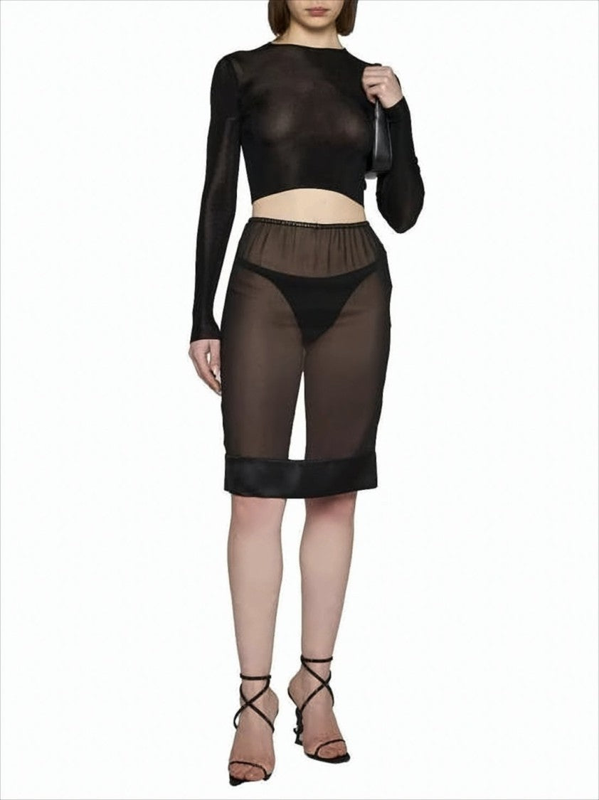 Saint Laurent Translucent Black Silk Midi Skirt With Structured Hem