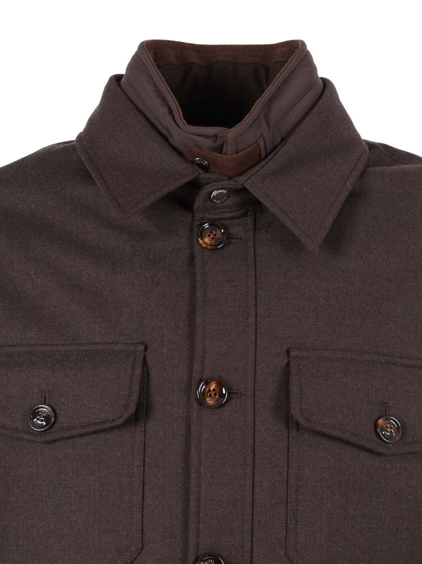 Moorer Classic Brown Button-Up Jacket With Structured Collar