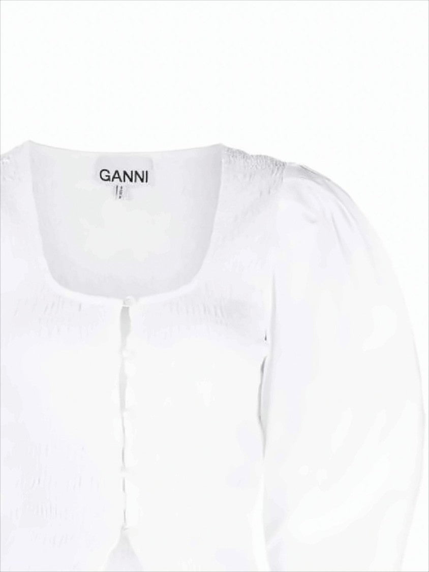 Ganni Fitted Cotton Blouse With Square Neckline And Voluminous Sleeves