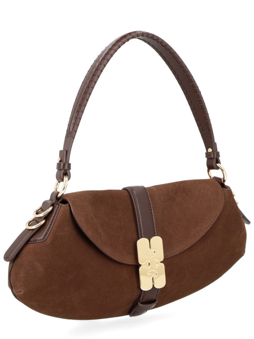Ganni Neutral B-Kat Floral Clasp Suede Handbag