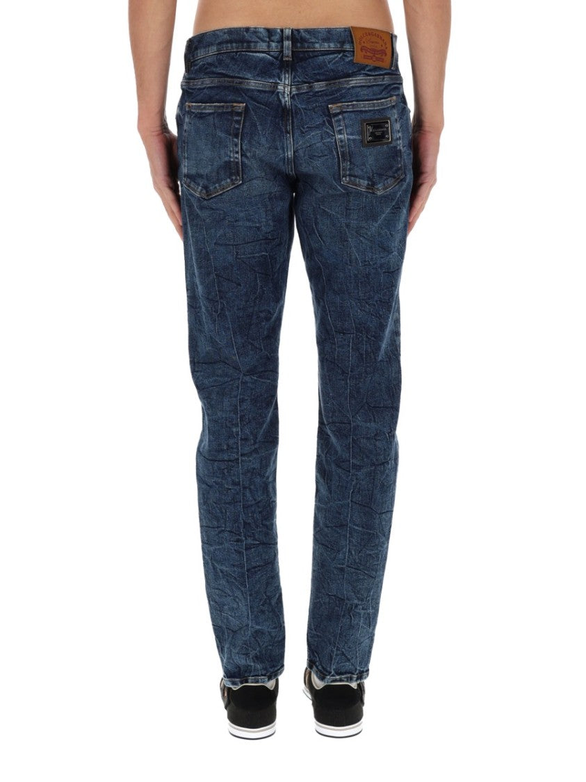 Dolce & Gabbana Blue Cotton Blend Whiskering Jeans