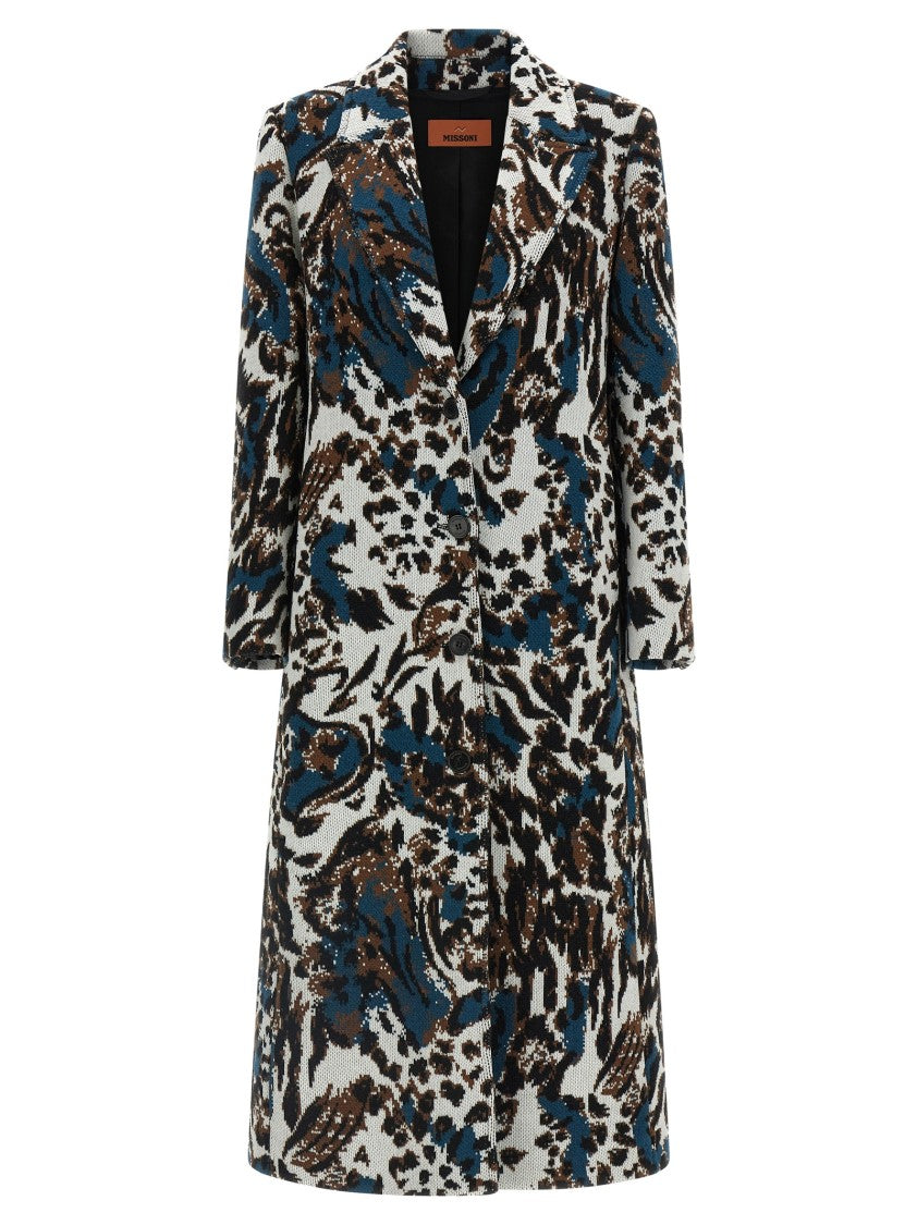 Missoni Animalier Wool Jacquard Coat With V-Neck And Peak Lapels