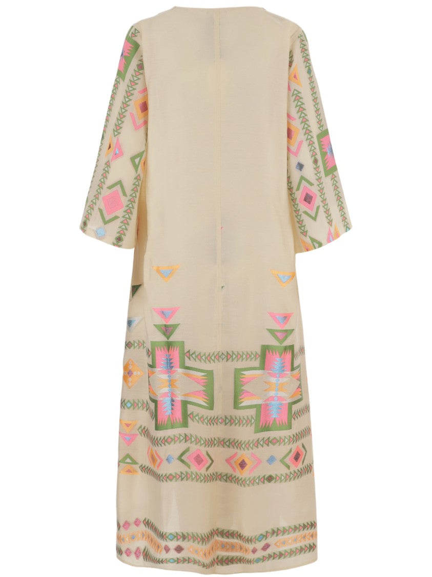 Nema Long Geometric Pattern Dress With Deep V-Neck