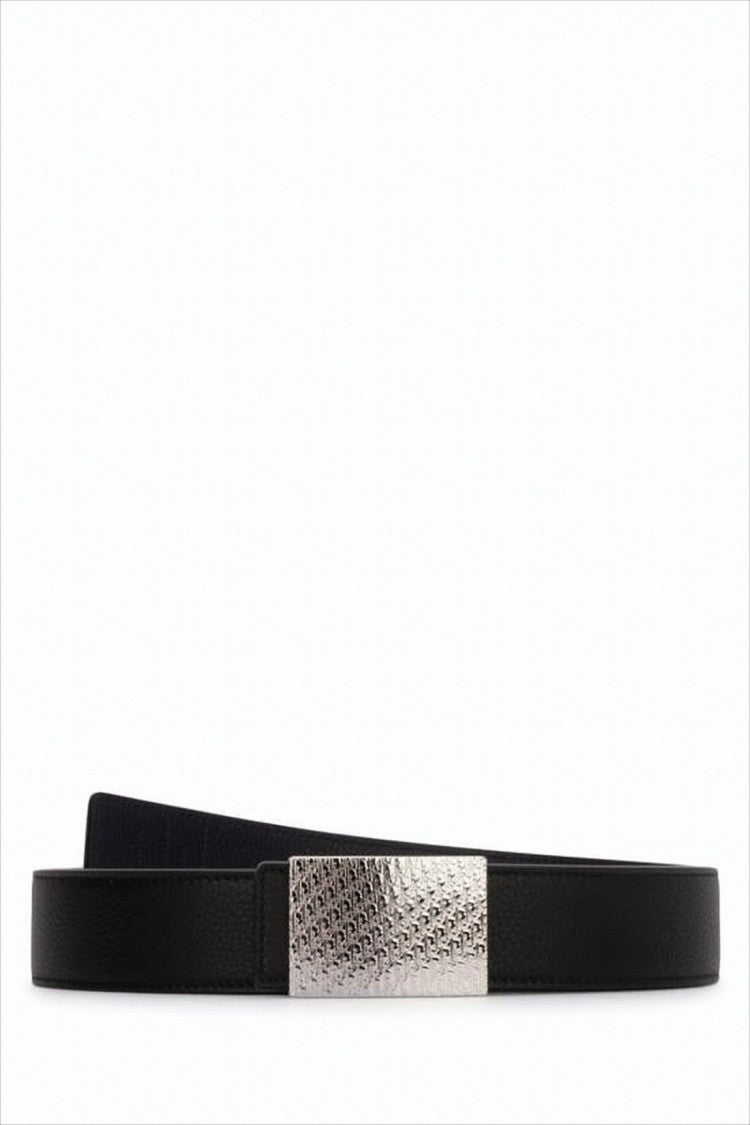 Christian Dior Textured Silver Buckle Black Calfskin Leather Belt