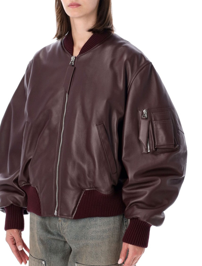 The Attico Oversized Leather Bomber Jacket With Jacquard Detailing
