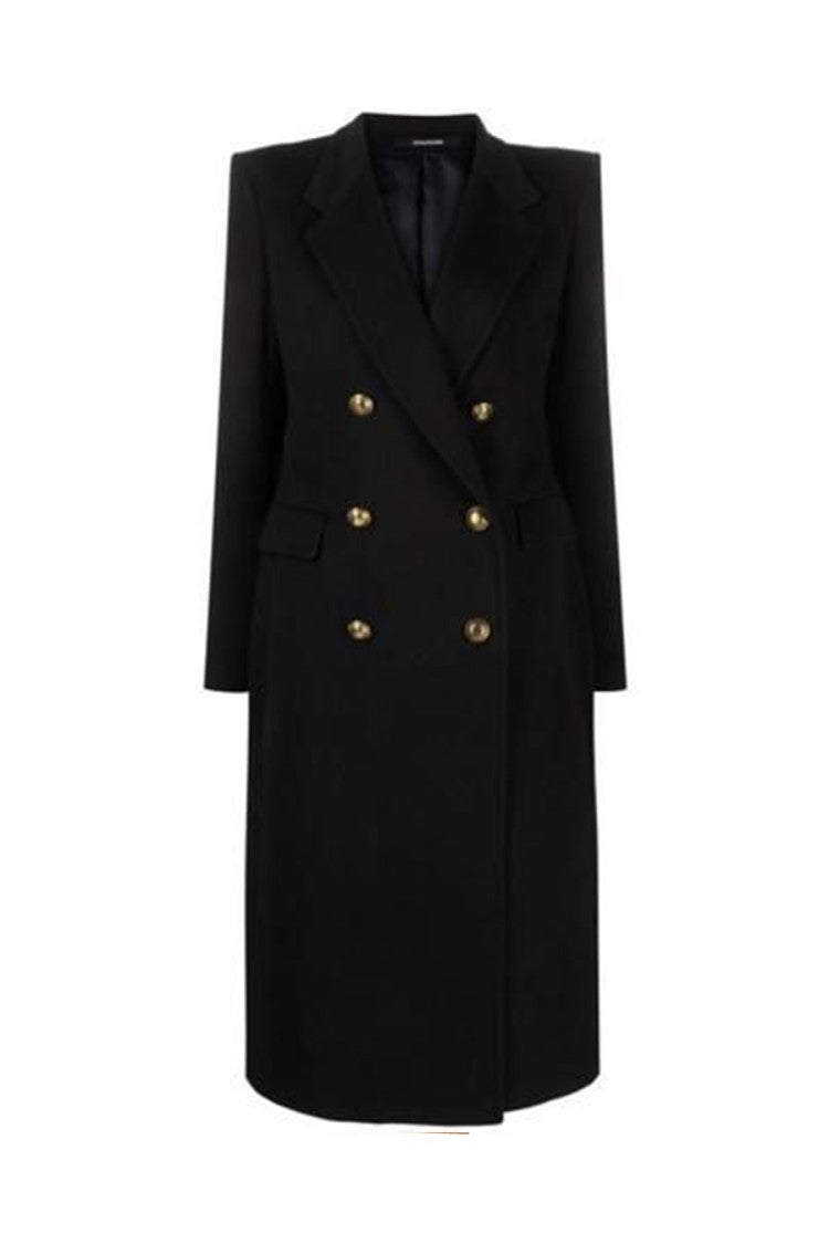 Tagliatore Double-Breasted Long Coat With Gold Buttons And Belted Waist